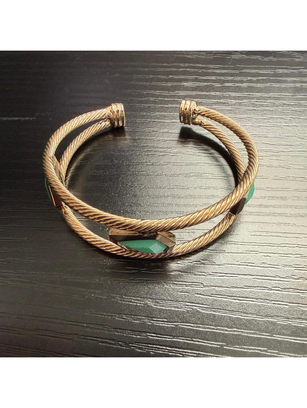 Gold Twisted Cable Cuff Bracelet with Green Stones